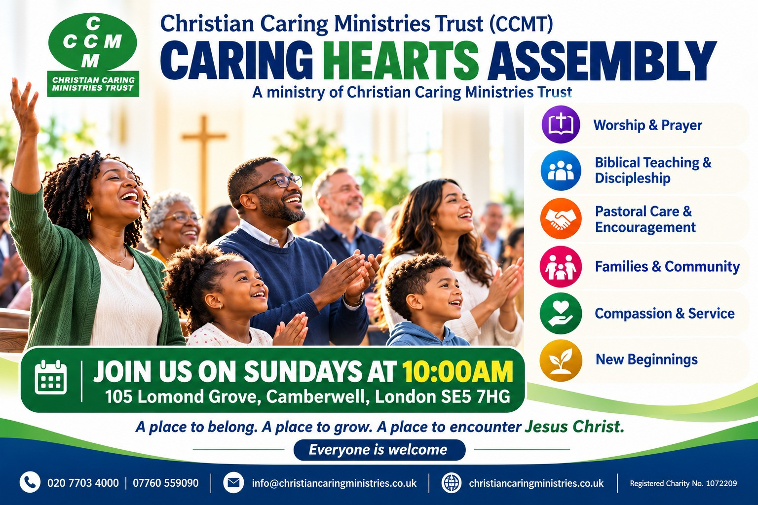 Caring Hearts Assembly leaflet with the official CCMT logo. Sunday worship at 10:00am, 105 Lomond Grove, Camberwell, London SE5 7HG. Everyone is welcome.